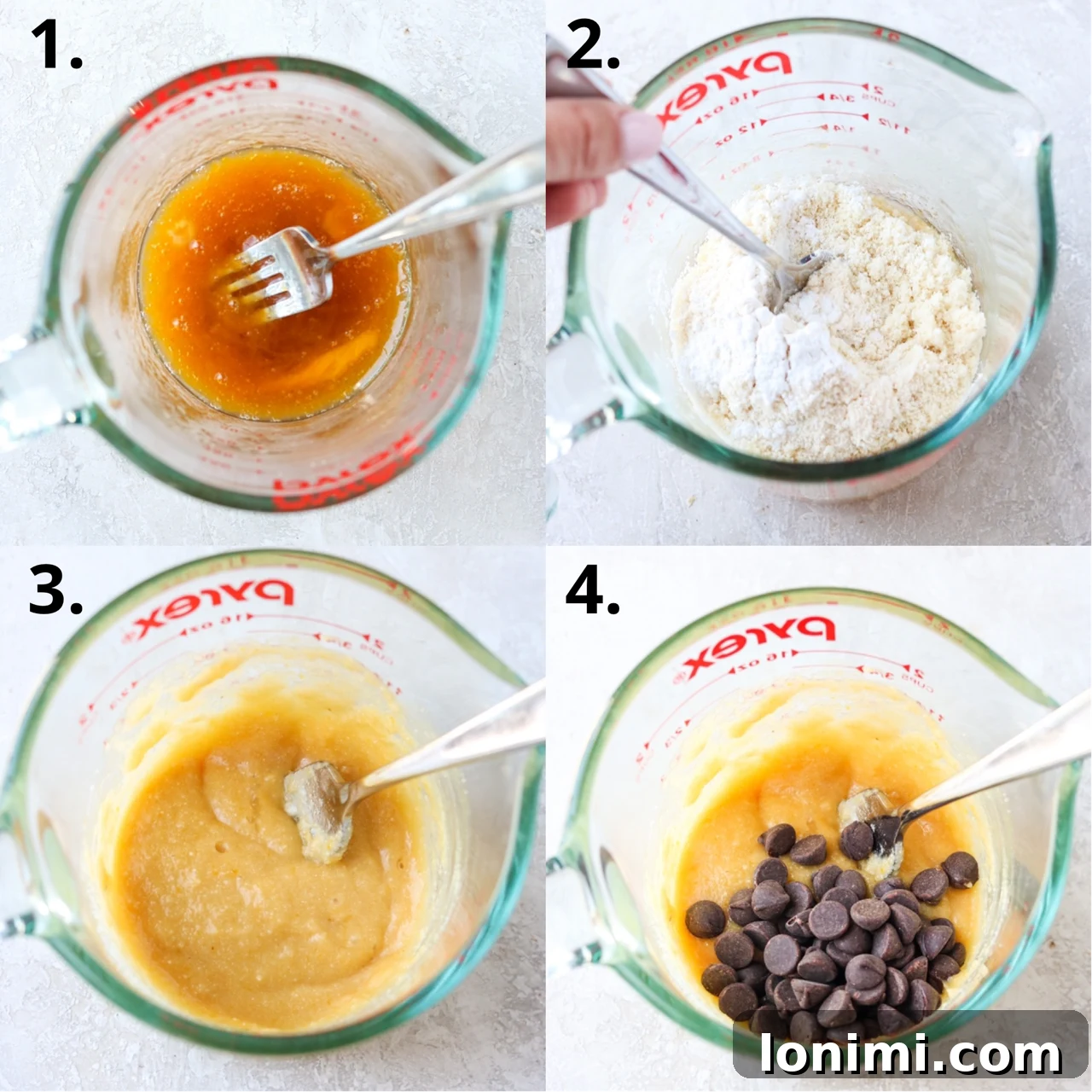 Step-by-step photos illustrating the process of making the gluten-free chocolate chip mug cake, from mixing to microwaving.