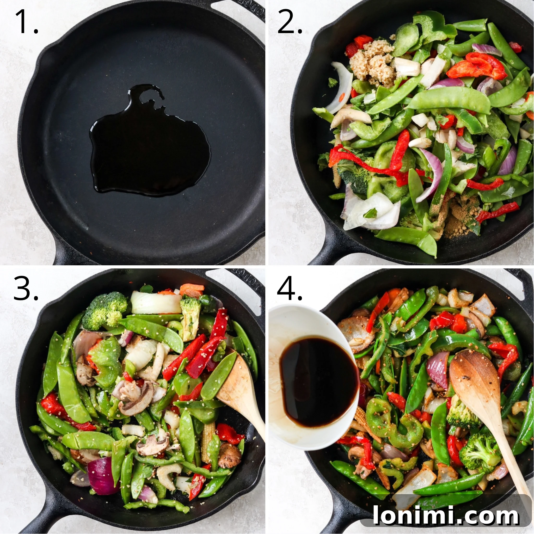 A four-quadrant image detailing the step-by-step process of making this easy vegetable stir fry recipe.