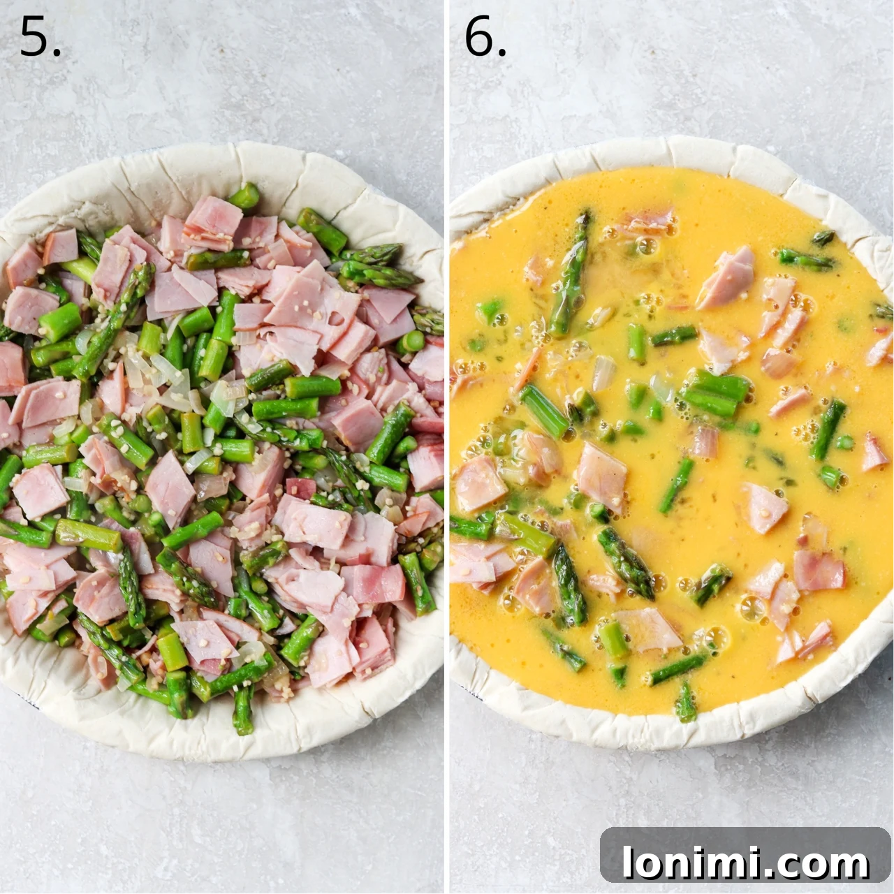 Flourless Quiche Delight 5 a picture of a gluten free pie crust filled with asparagus ham and shallots and one with eggs poured overtop