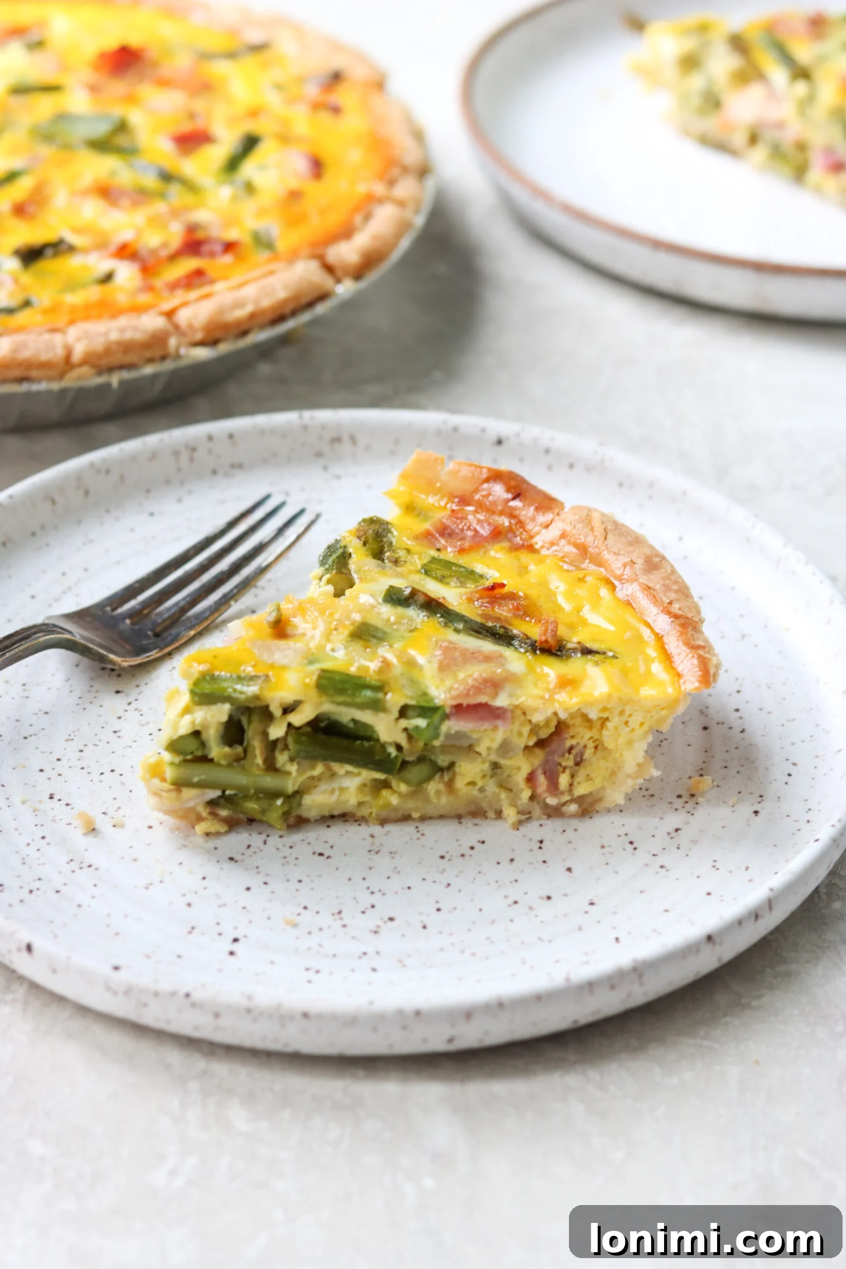 Flourless Quiche Delight 6 A slice of gluten free egg casserole with crust on a plate with a fork and a full pie behind it