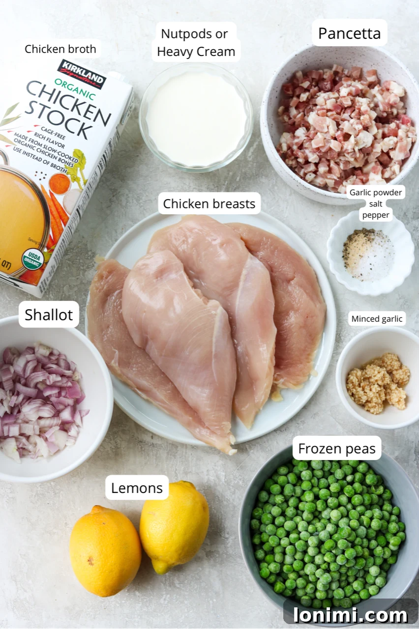 A collection of fresh recipe ingredients arranged in white bowls and dishes, each clearly labeled with its name, including chicken breasts, frozen peas, pancetta, lemons, garlic, shallot, and Nutpods.