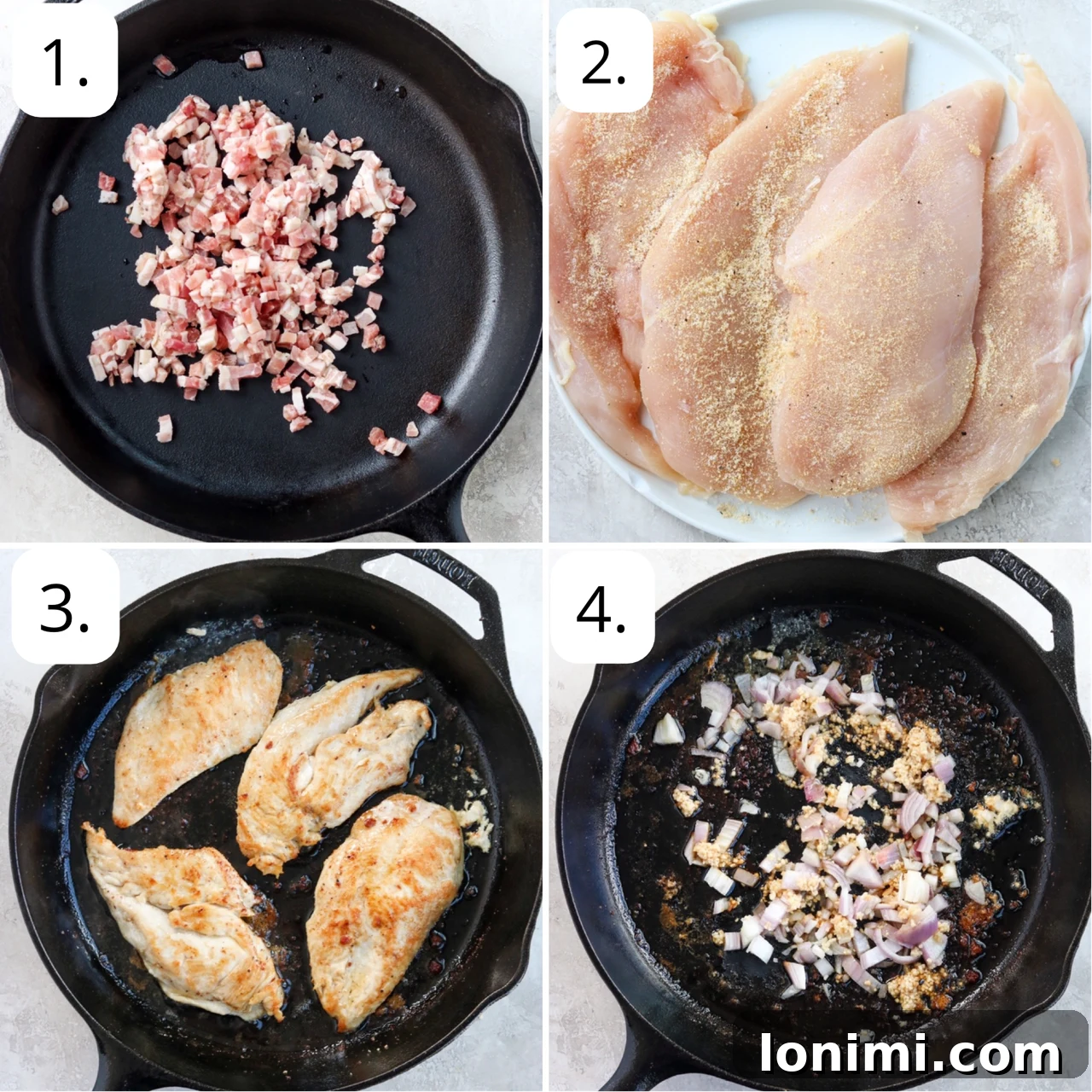 Four sequential step-by-step images showing the process of cooking pancetta, preparing chicken breasts, seasoning, and initial searing in a cast iron skillet.