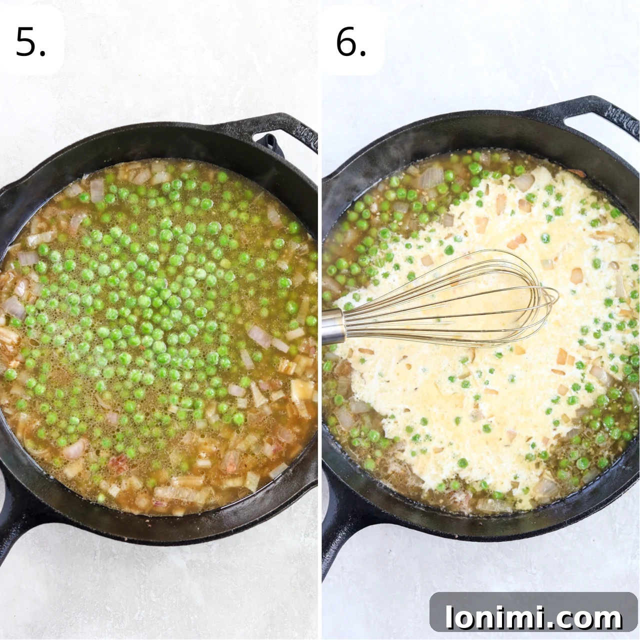 Two sequential step-by-step images illustrating the addition of shallots, garlic, and peas to the skillet, followed by the pouring of cream and lemon juice to create the sauce.