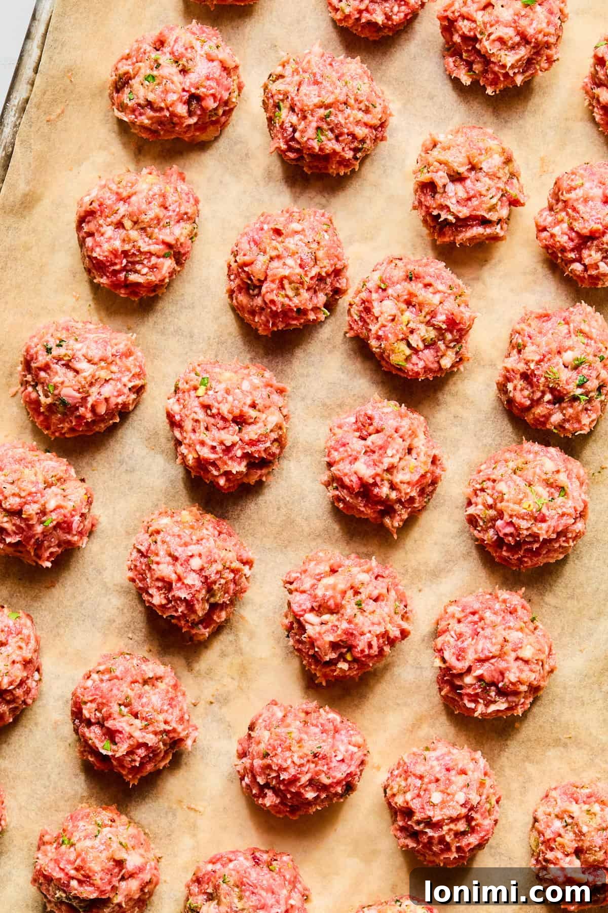 Easy Greek Lamb Meatballs with Zesty Lemon Dill Yogurt 6 Greek lamb meatballs placed in even rows on a parchment-lined baking sheet.