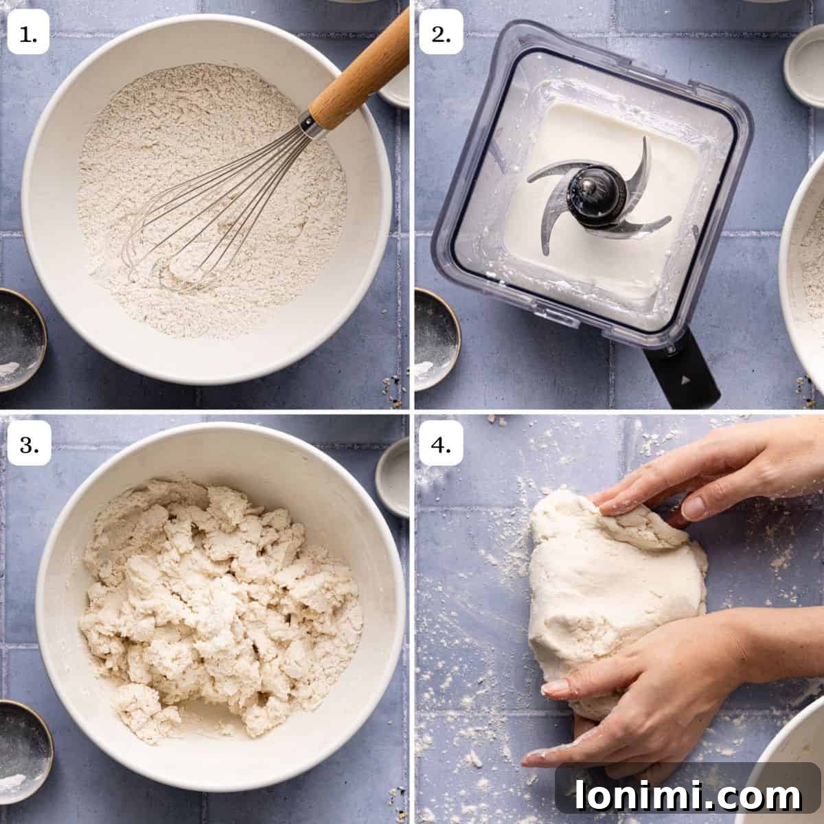 Photo collage of steps 1-4 of how to make cottage cheese bagels.