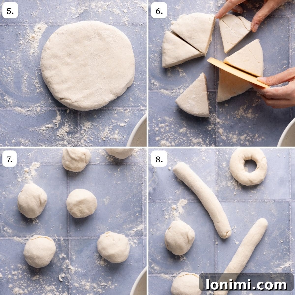 Photo collage of steps 5-8 of how to make cottage cheese bagels.