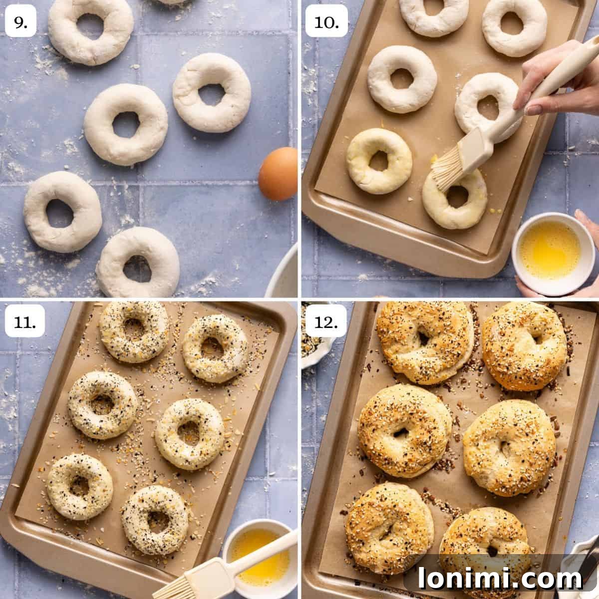 Photo collage of steps 9-12 of how to make cottage cheese bagels.