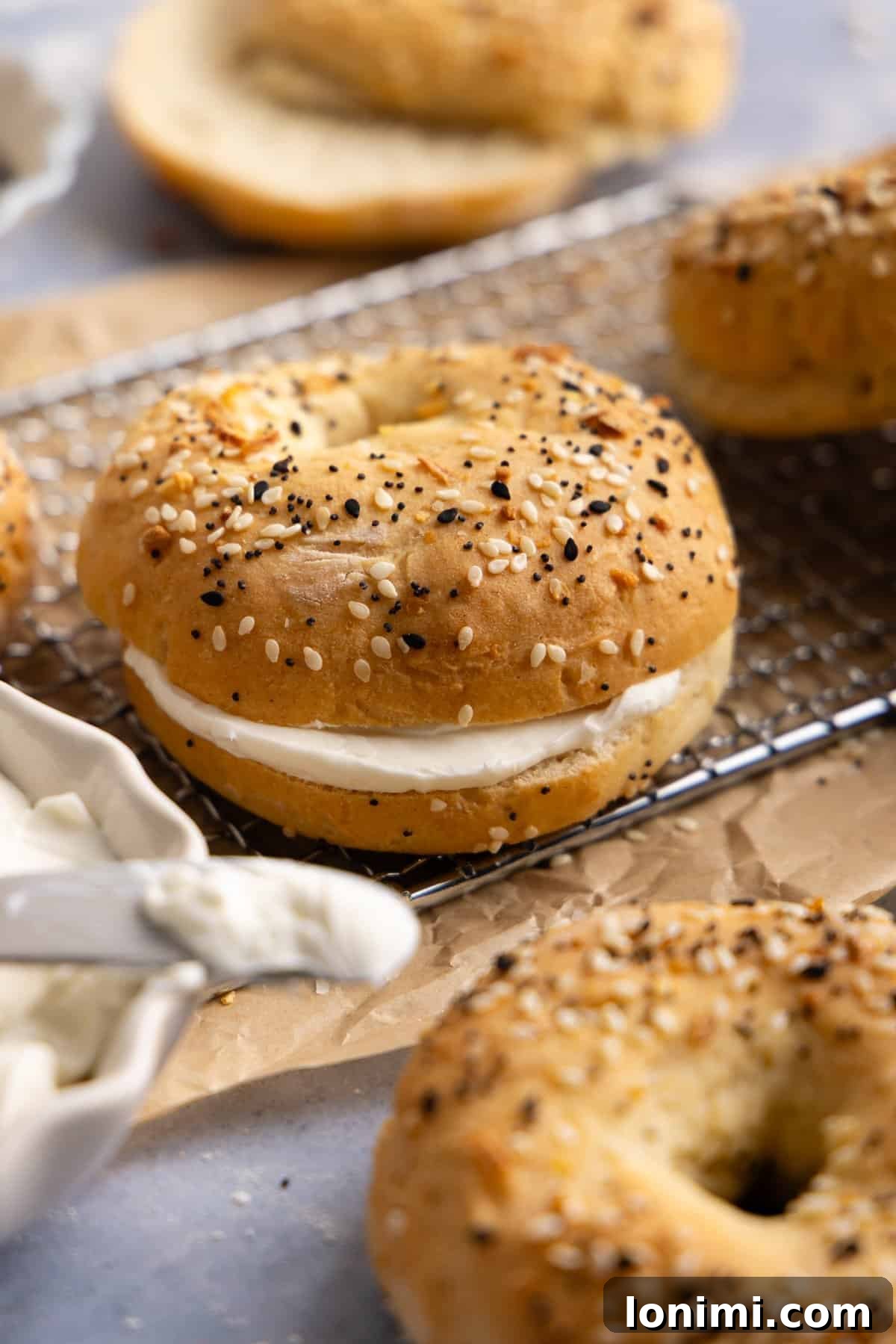 Close-up of a cottage cheese bagel filled with cream cheese.