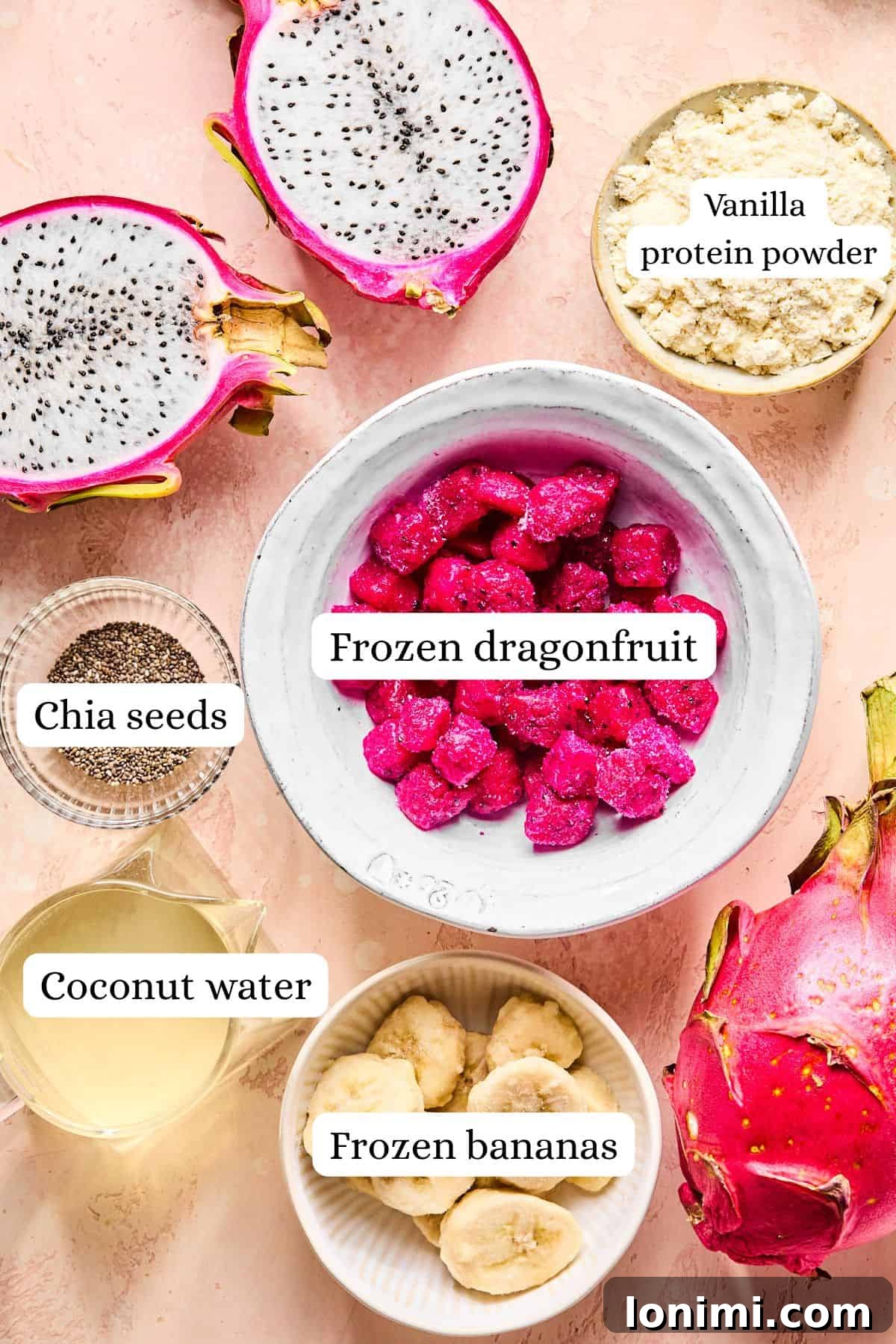 Dragonfruit smoothie recipe ingredients labeled and arranged in nesting bowls.