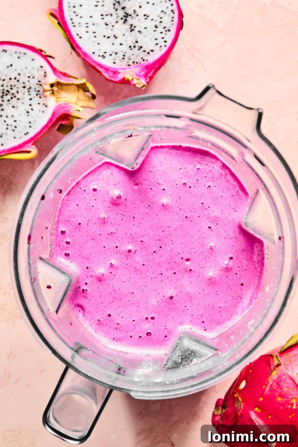 Dragonfruit smoothie blended until smooth and creamy in a high-speed blender.