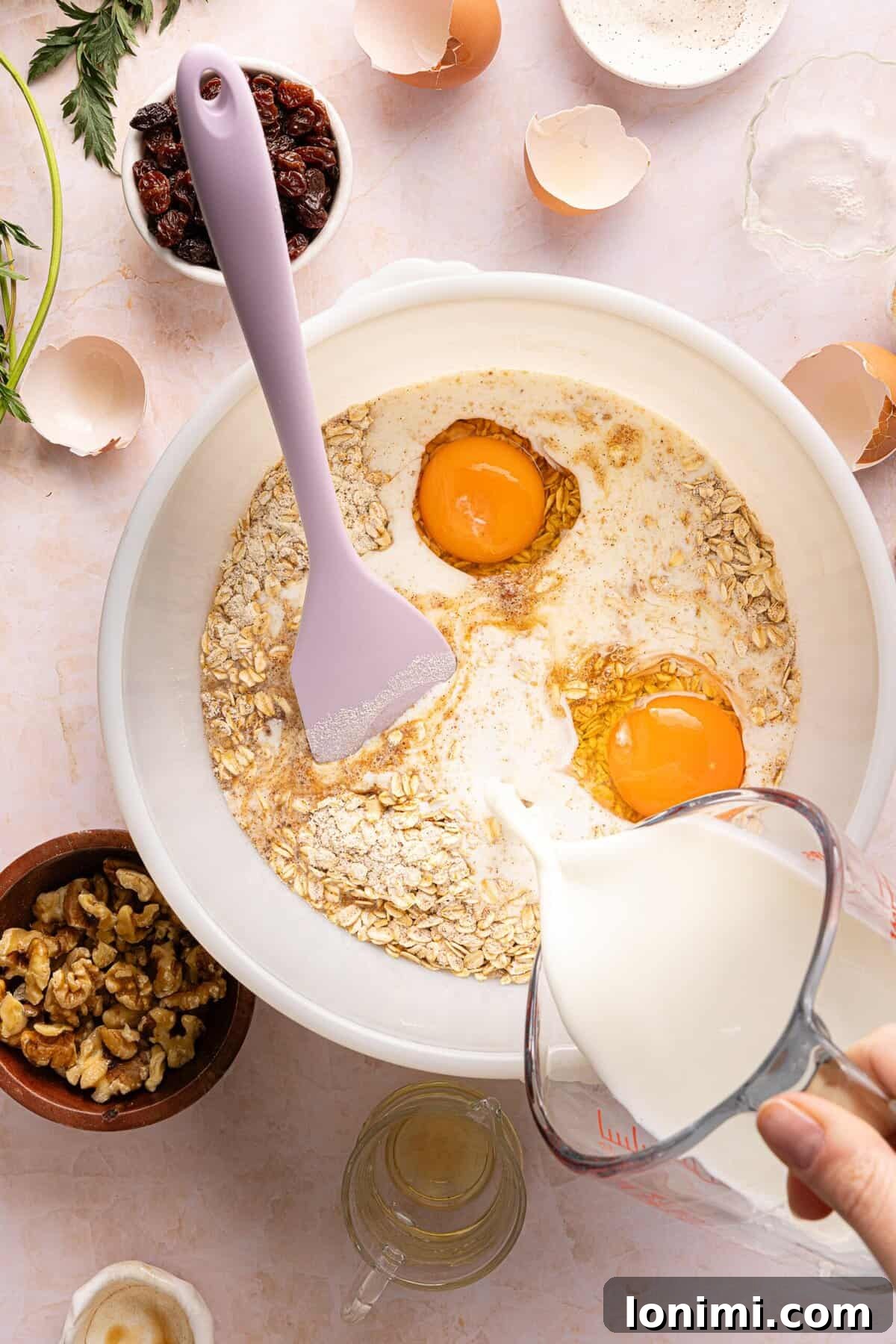 Eggs, egg whites, maple syrup, milk, and vanilla added to the oat mixture for carrot cake baked oats batter.
