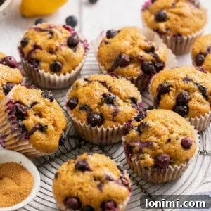 gluten free blueberry muffins on a cooling rack with a bowl of coconut sugar next to them