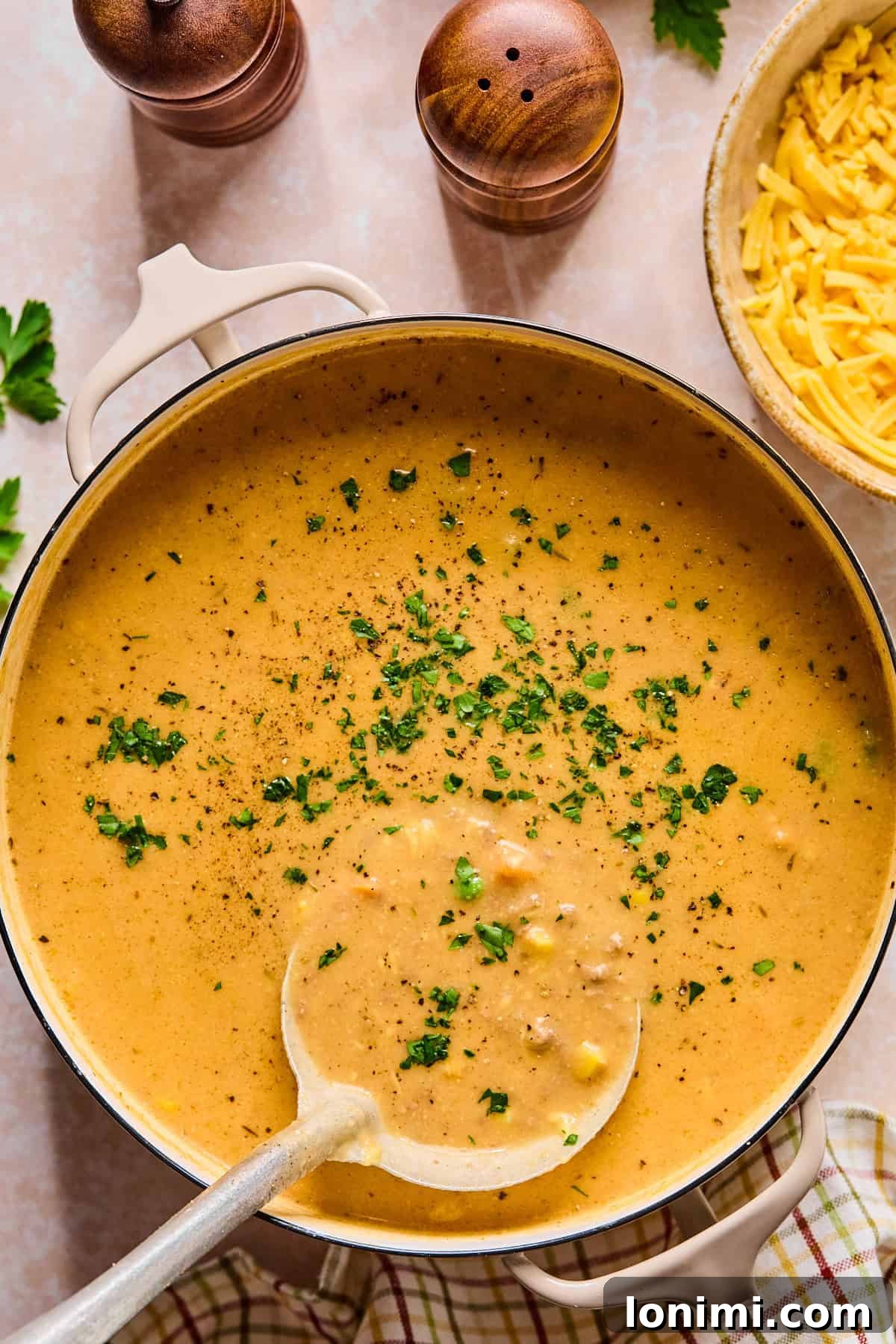 A large pot of shepherd’s pie soup, with a ladle poised to scoop up a delicious serving.