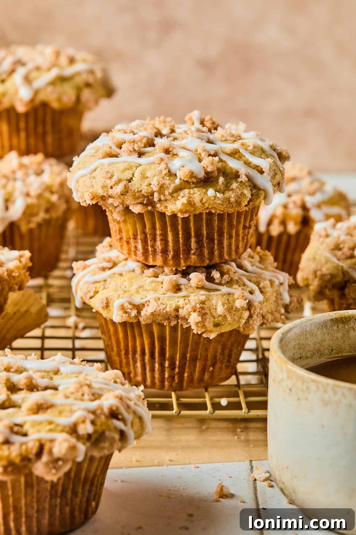 Gluten-Free Coffee Cake Crumble Muffins 2 Two golden-brown gluten-free coffee cake muffins, stacked, showcasing their crumb topping and moist interior.