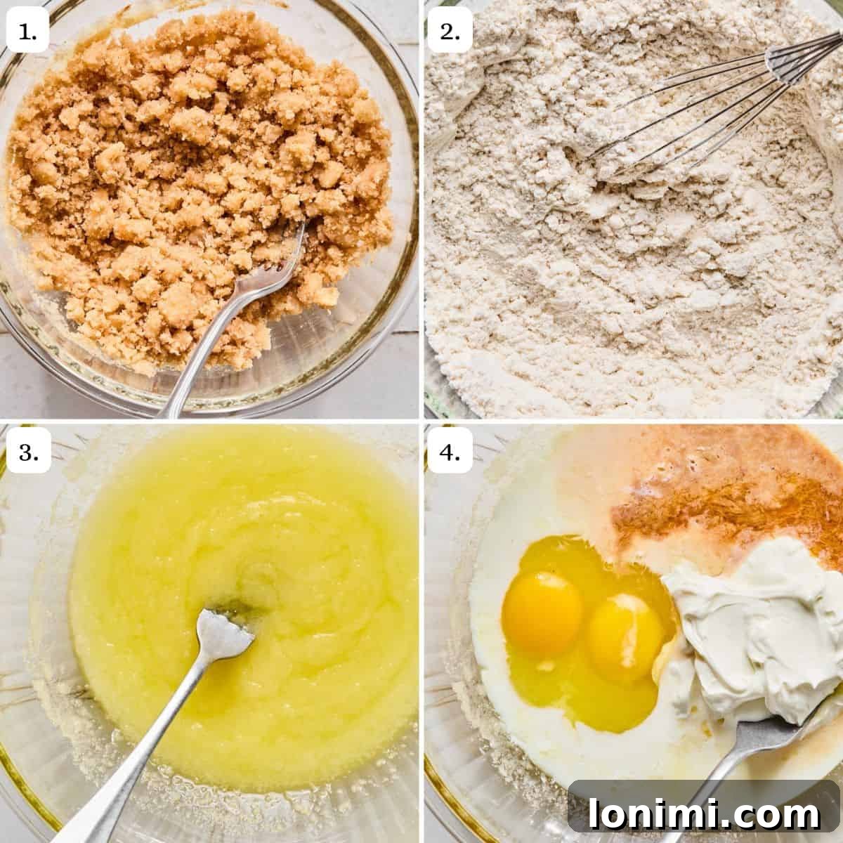 Gluten-Free Coffee Cake Crumble Muffins 4 A collage showing the first four steps of making gluten-free coffee cake muffins, including mixing streusel and wet ingredients.