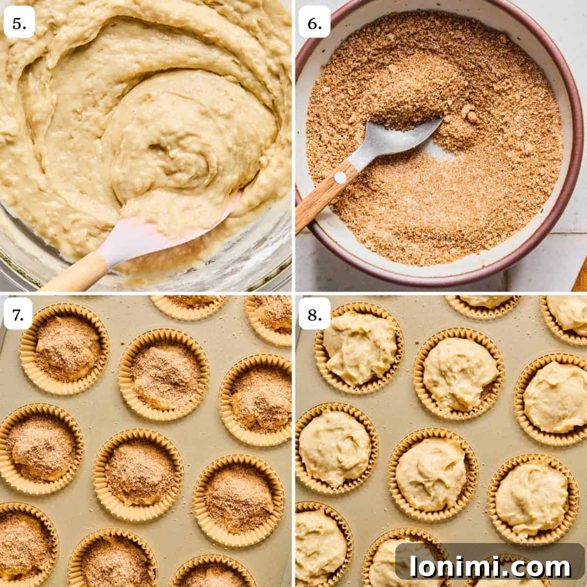 Gluten-Free Coffee Cake Crumble Muffins 5 A collage illustrating steps 5-8 of the muffin making process, including combining wet and dry ingredients and filling muffin cups.