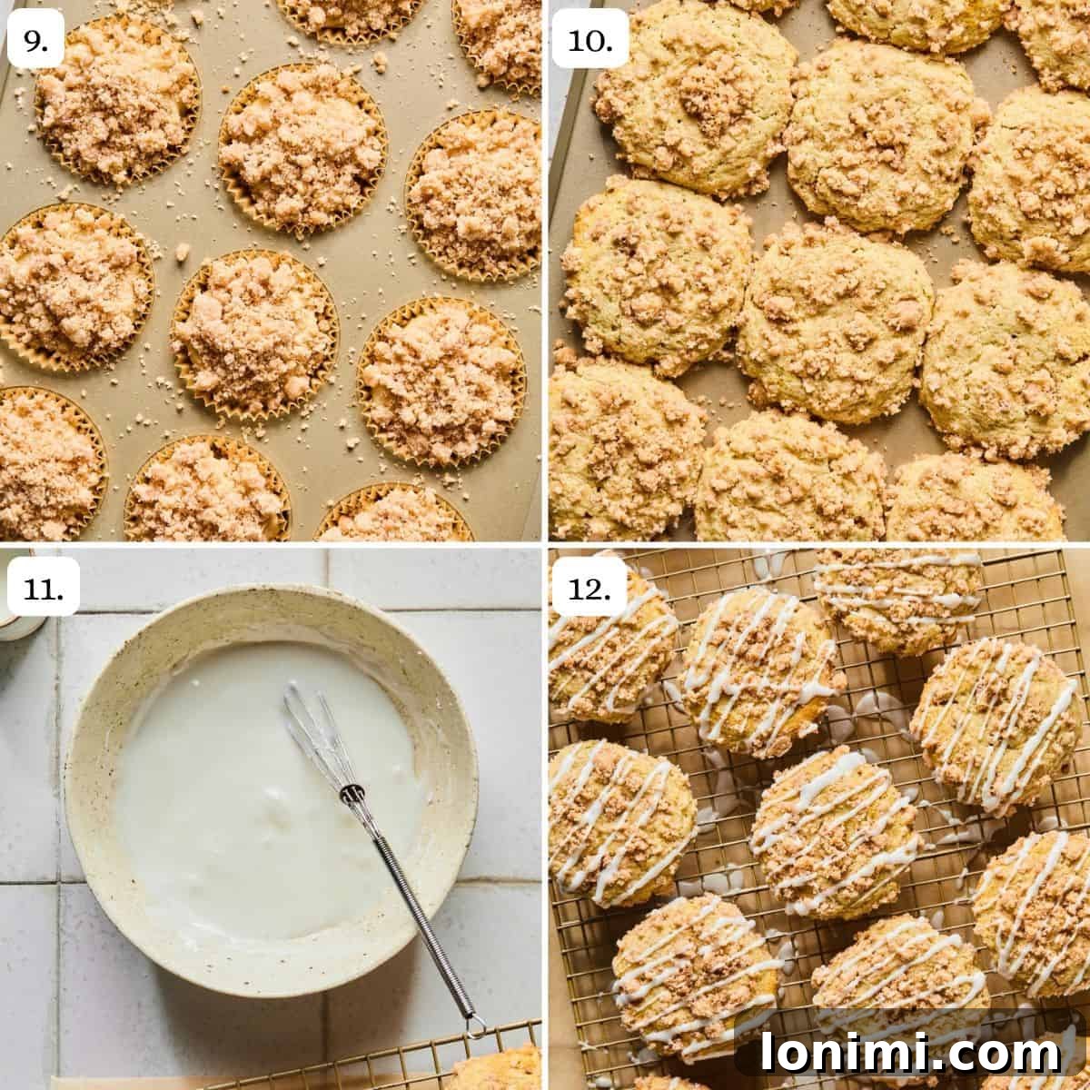 Gluten-Free Coffee Cake Crumble Muffins 6 A collage depicting steps 9-12 of the muffin process, showing streusel topping, baking, glazing, and finished muffins.