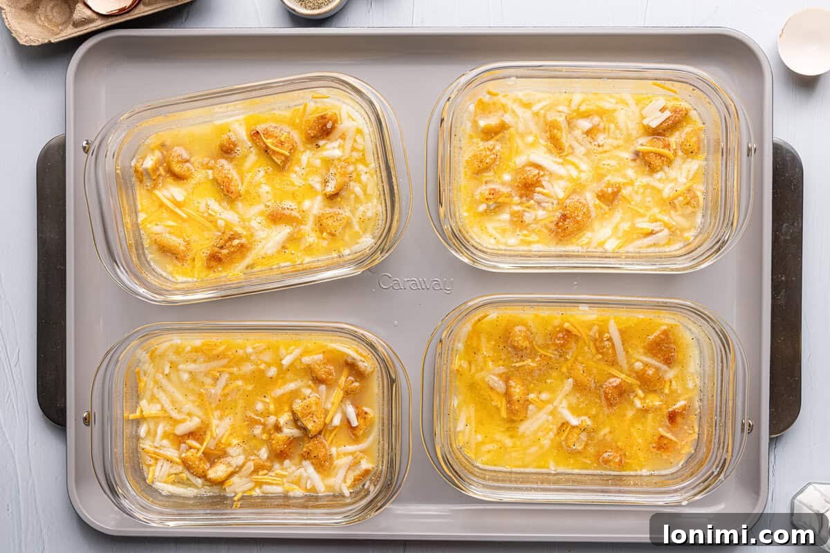 Craft Your Own Chick-fil-A Hash Brown Scramble Bowls 7 meal prep breakfast casseroles on a baking sheet, uncooked
