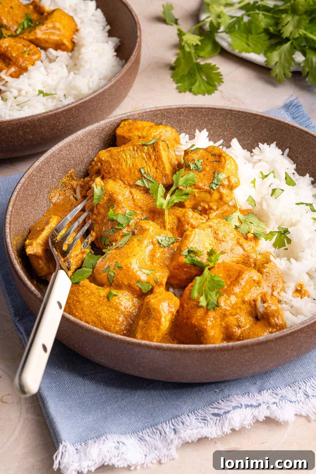 Delicious gluten-free butter chicken served over basmati rice in a rustic bowl, garnished with fresh cilantro.