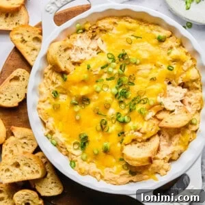 protein Maryland crab dip topped with green onions in a white Staub baking dish surrounded by gluten free baguette slices