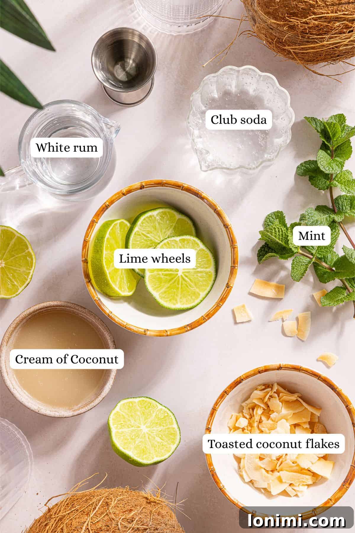 Fresh mint, lime, white rum, cream of coconut, club soda, and toasted coconut flakes in separate bowls, ready for a coconut mojito