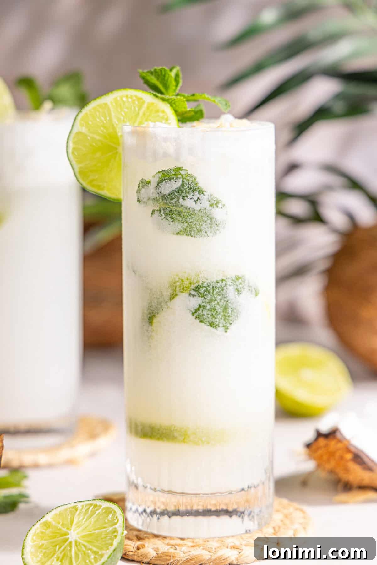 A vibrant coconut mojito cocktail in a tall glass, garnished with a lime wheel and a sprig of fresh mint