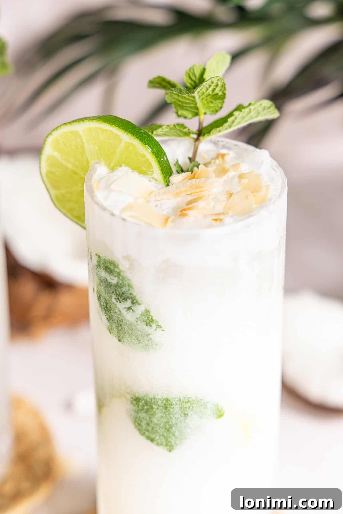 Close-up of a creamy coconut mojito cocktail in a glass, with a lime wheel and fresh mint garnish