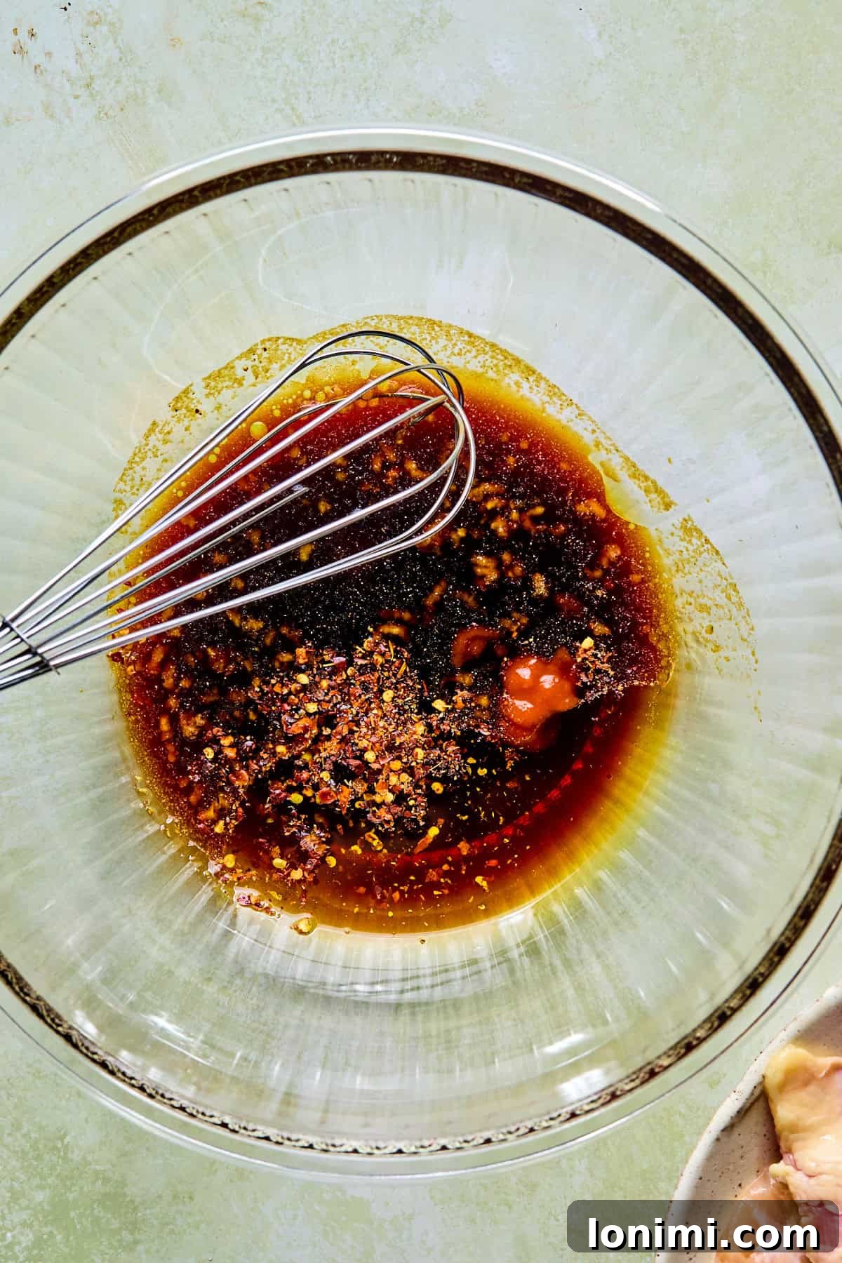 Chicken marinade ingredients in a clear glass bowl, ready to be whisked together.