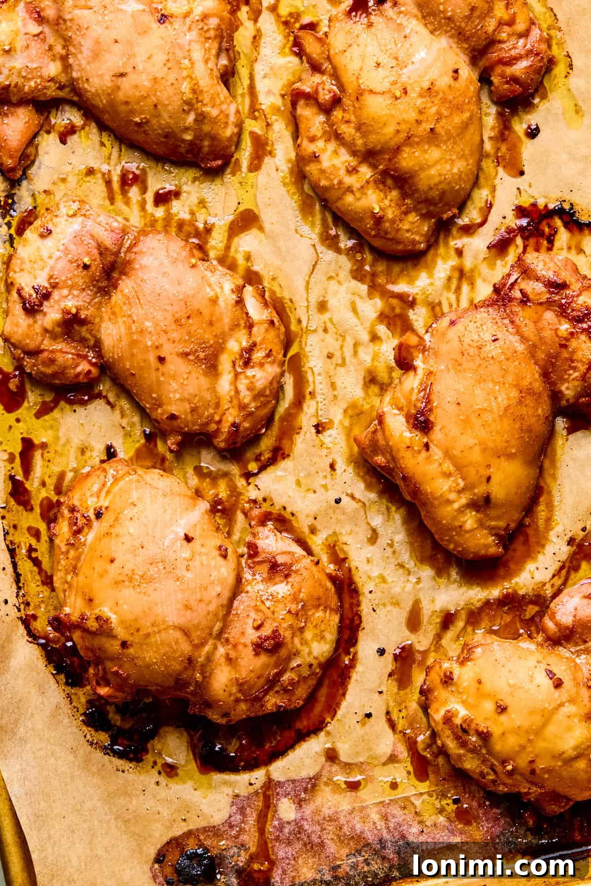 Baked chicken thighs on a parchment-lined baking sheet.