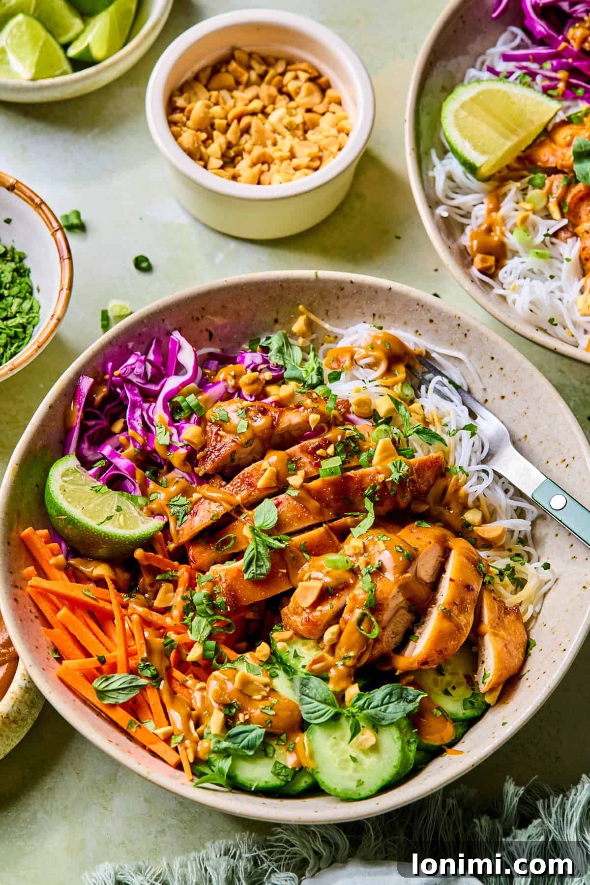 Fresh spring roll bowl drizzled with peanut sauce, with peanuts, fresh limes, and cilantro in the background.
