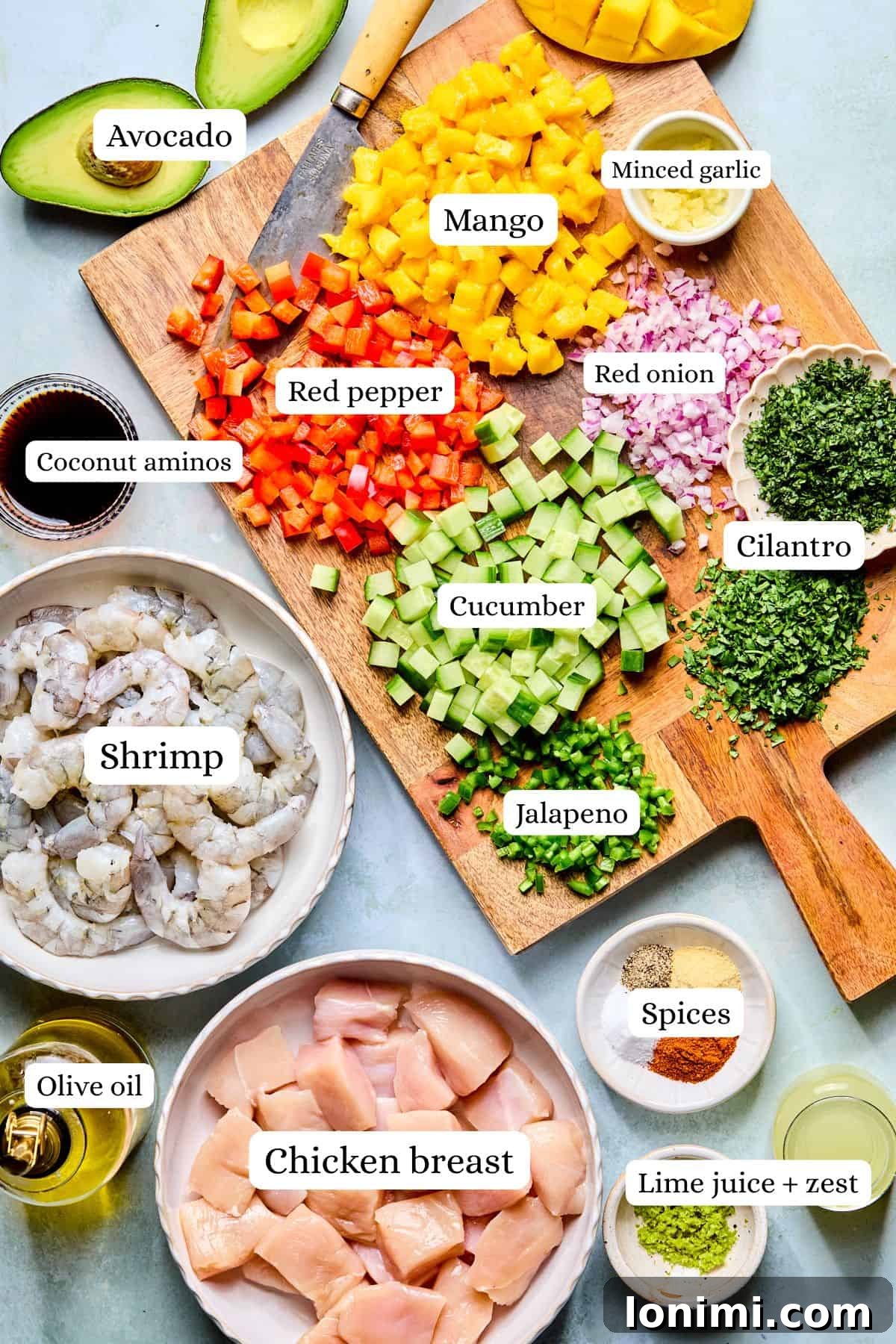 Ingredients for cilantro lime marinated chicken and shrimp with mango salsa