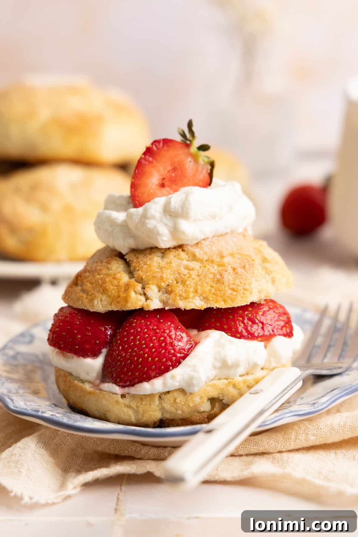 Gluten-Free Strawberry Shortcake with Homemade Biscuits Recipe 2 gluten free biscuit topped with strawberries and whipped cream on a plate with a white metal fork
