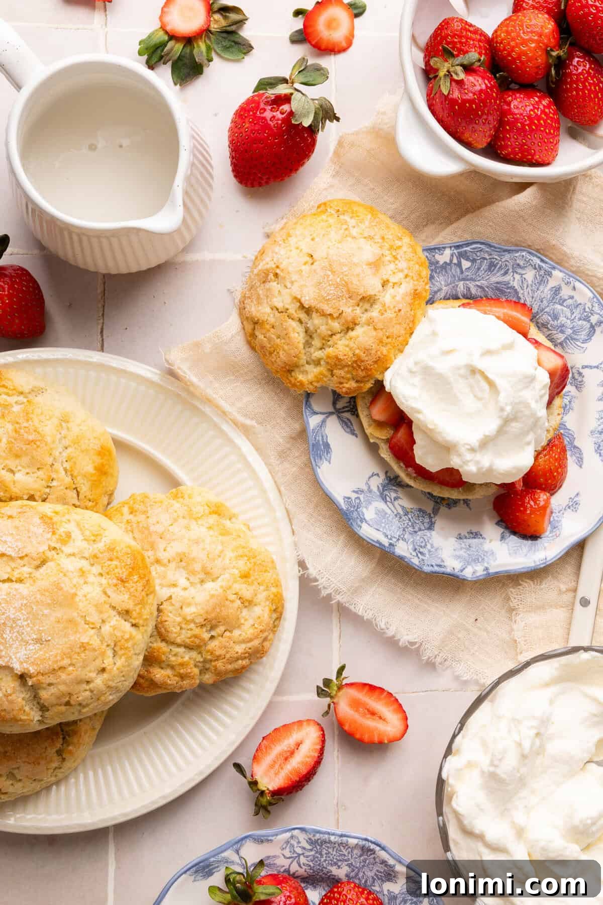 Gluten-Free Strawberry Shortcake with Homemade Biscuits Recipe 11 strawberry shortcake on a plate surrounded by biscuits, whipped cream, and strawberries in bowls