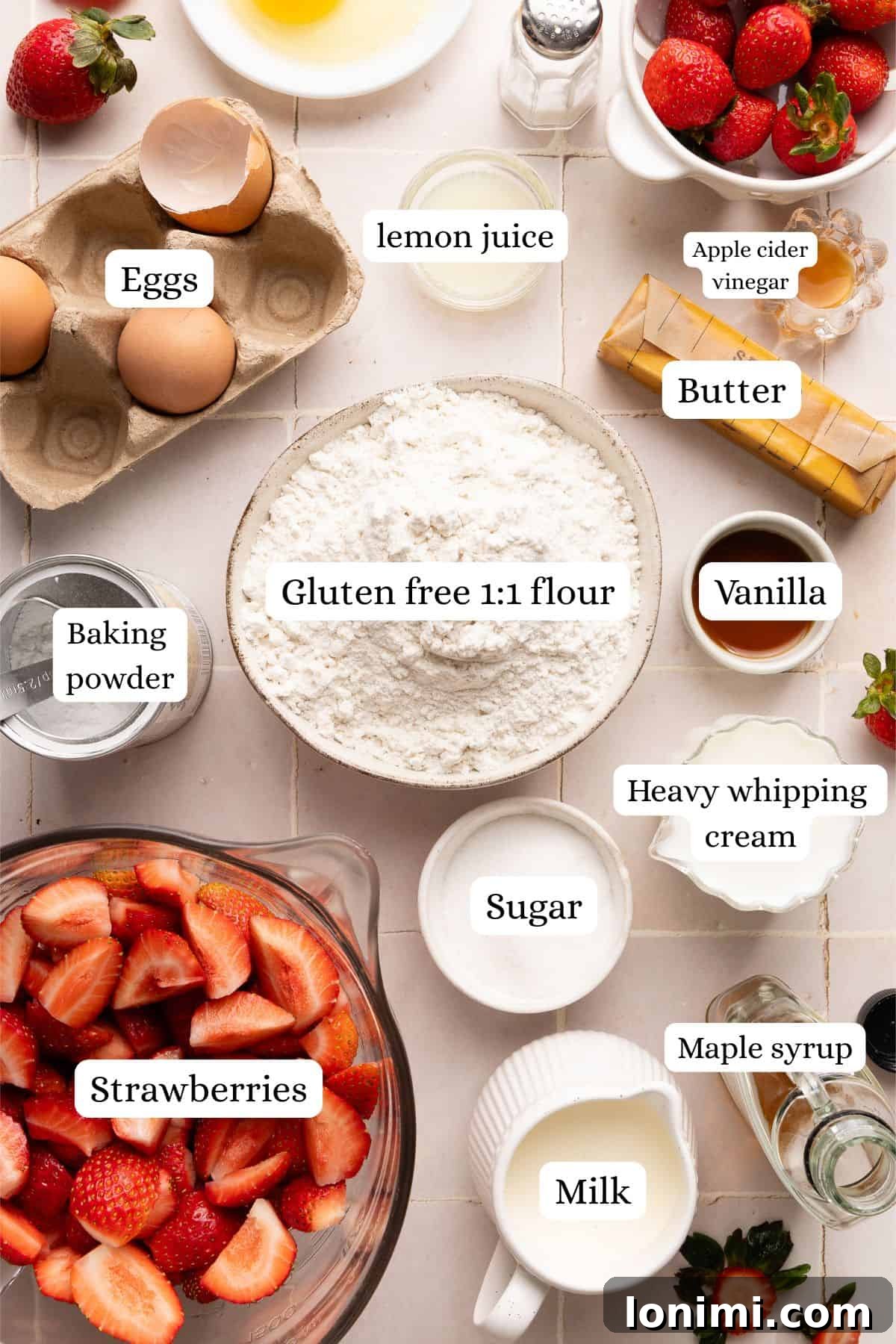Gluten-Free Strawberry Shortcake with Homemade Biscuits Recipe 3 ingredients for strawberry shortcake in nesting bowls