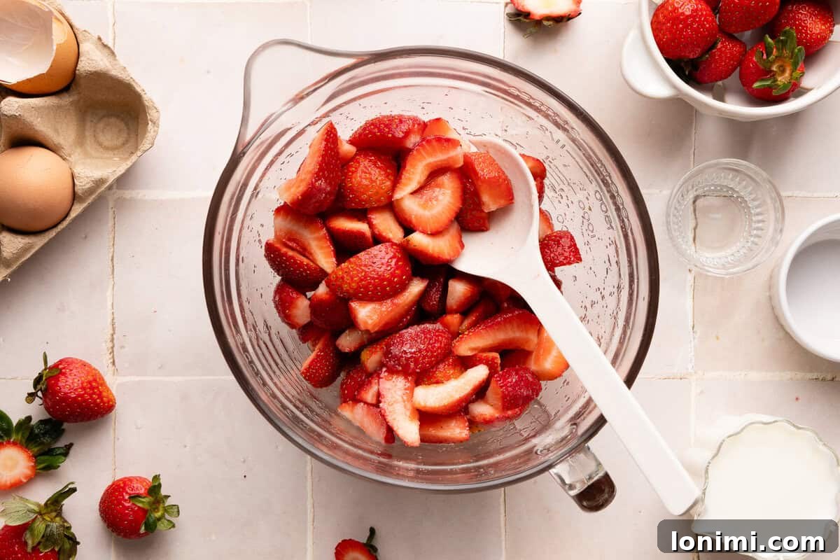 Gluten-Free Strawberry Shortcake with Homemade Biscuits Recipe 4 strawberries, sugar, and lemon juice mixed in a glass bowl