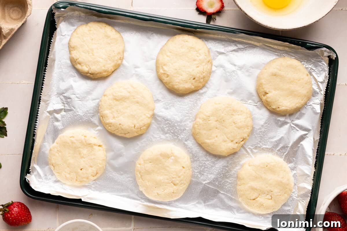 Gluten-Free Strawberry Shortcake with Homemade Biscuits Recipe 6 raw biscuits on a foil-lined baking sheet