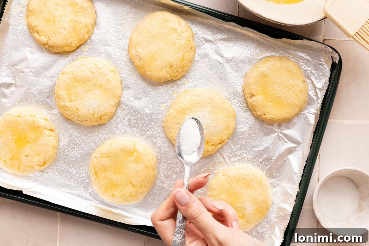 Gluten-Free Strawberry Shortcake with Homemade Biscuits Recipe 7 sugar being sprinkled on top of raw biscuits