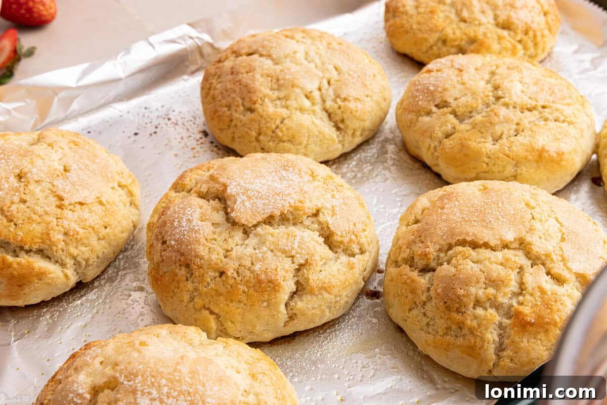 Gluten-Free Strawberry Shortcake with Homemade Biscuits Recipe 8 baked biscuits on a baking sheet